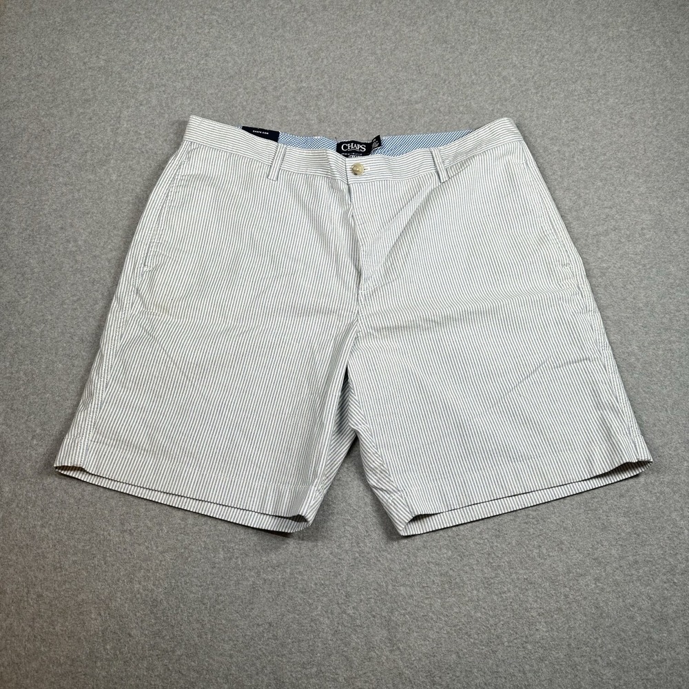 Chaps Flat Front Stretch Shorts 38 X 9" Blue Stripe Seersucker Preppy NWT